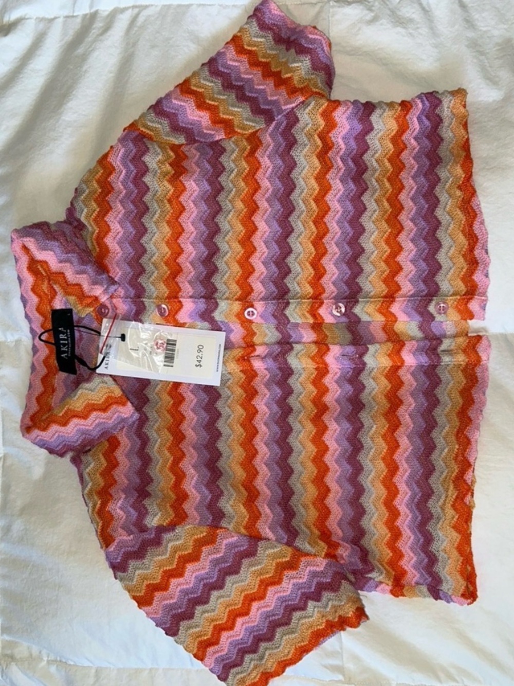 AKIRA Pink Orange Purple Zigzag Crop Button-Up Top CHEVRON design size Large